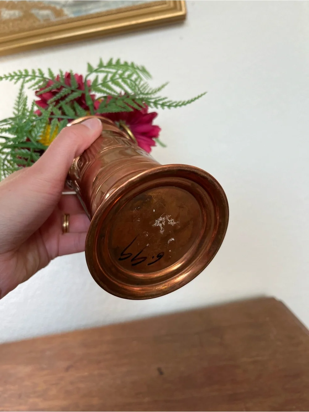 Vintage French hammered copper vase with brass handles